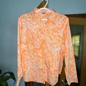 Chaps Women's Shirt Size XL Neon Orange Paisley 100% Cotton Long Sleeve Classic